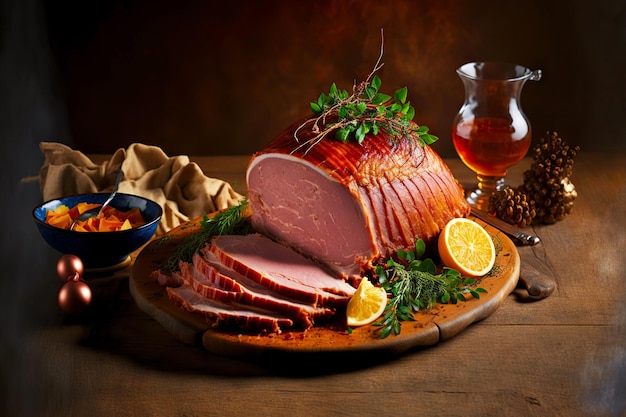 Sliced pork Easter ham with fruits and herbs on table