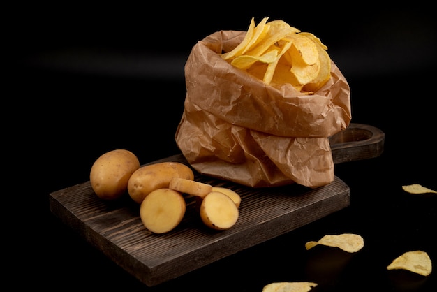 Sliced potatoes and chips in a craft bag