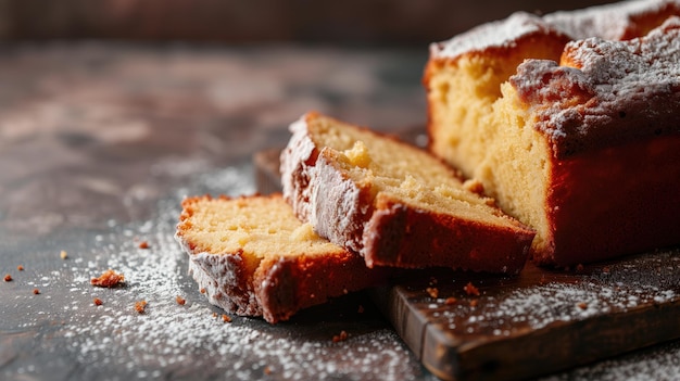 Sliced pound cake with powdered sugar