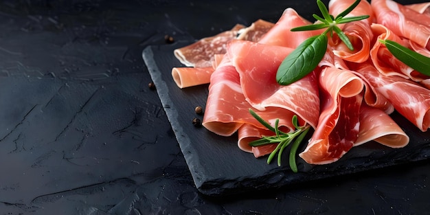 Sliced prosciutto on slate board with dark background and selective focus Concept Food Photography Charcuterie Presentation Gourmet Appetizers Fine Dining Experience