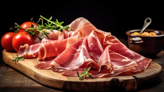 Sliced prosciutto on a wooden board