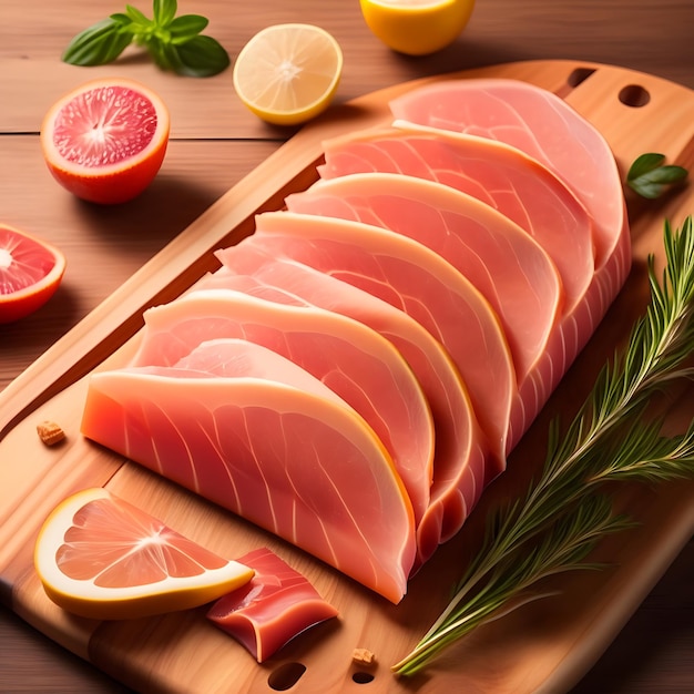 Sliced prosciutto on a wooden board