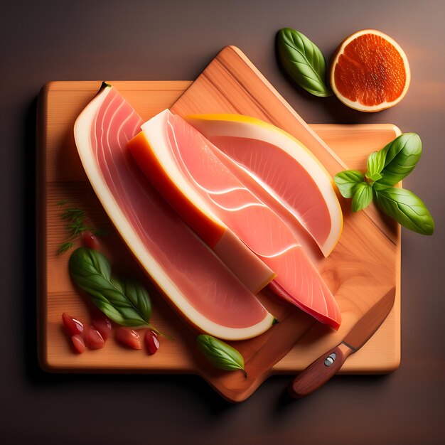 Sliced prosciutto on a wooden board