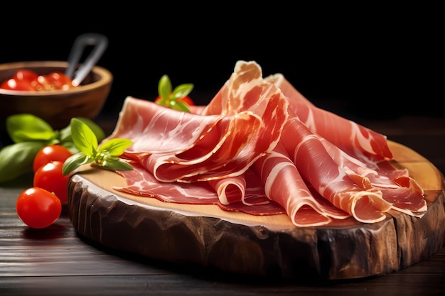 Sliced prosciutto on a wooden board