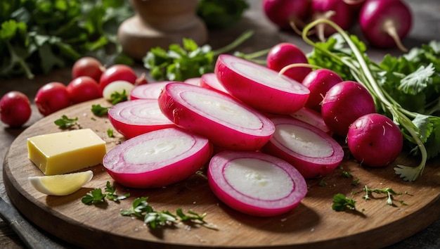 Sliced Radishes on a Cutting Board with Butter and Herbs