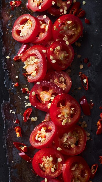 Sliced red hot chilli peppers with seeds