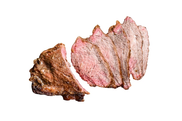 Sliced Roast beef sirloin tri tip steak bbq Isolated on white background