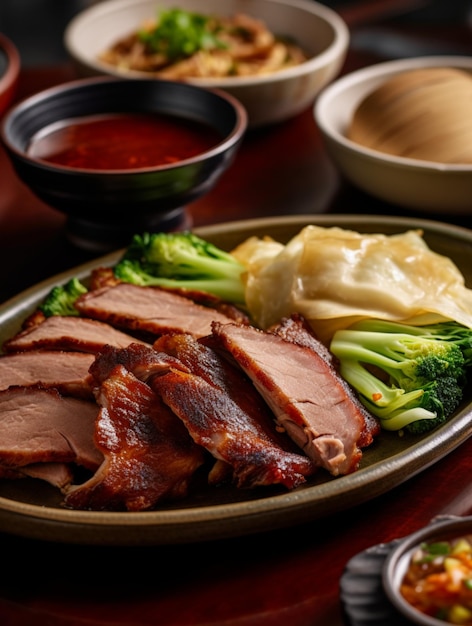 Sliced roast duck plate served with broccoli and sauce