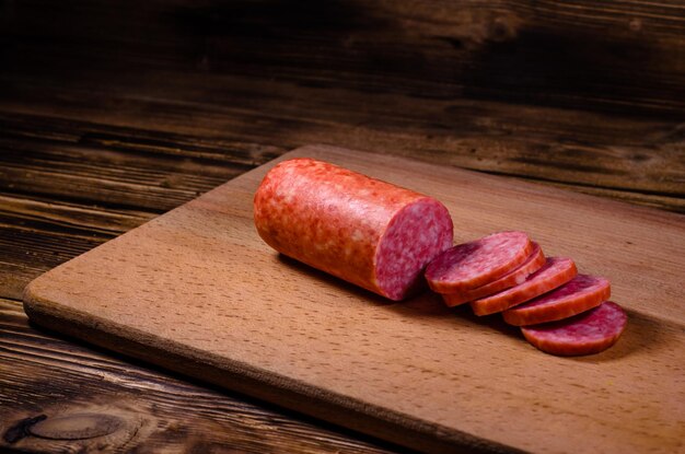 Sliced salami sausage on a cutting board