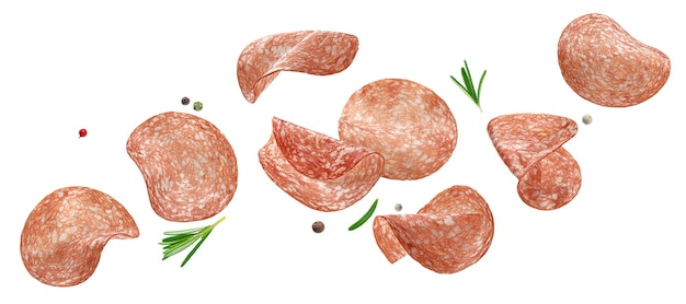 Sliced salami sausage isolated on white background