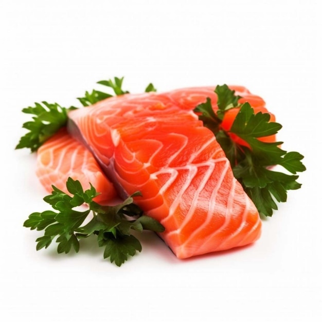 sliced salmon with parsley leaf isolated on white background