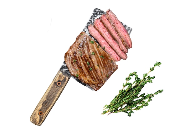 Sliced skirt beef meat steak on a cleaver Isolated on white background top view