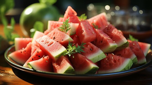 Sliced slices of ripe juicy watermelon against the background of the restaurant interior