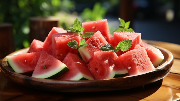 Sliced slices of ripe juicy watermelon against the background of the restaurant interior