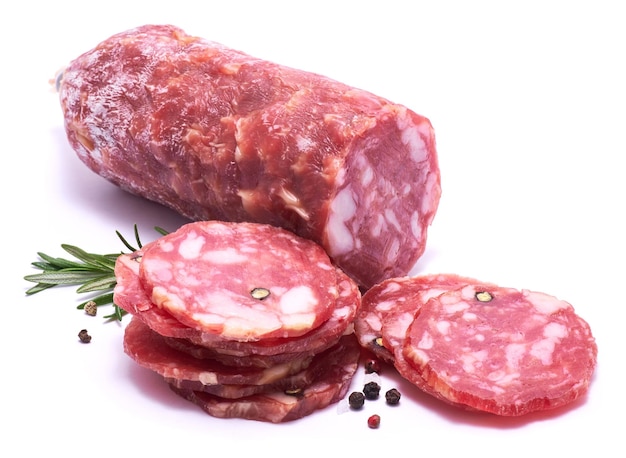 Sliced smoked dry salami sausage isolated on white background