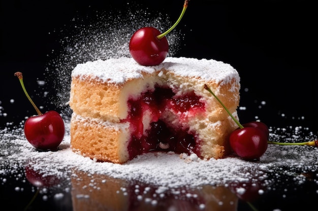 Sliced sponge cake with cherry pieces and powdered sugar on gray background