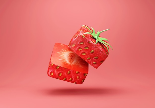 Sliced Square Strawberry on pink studio background