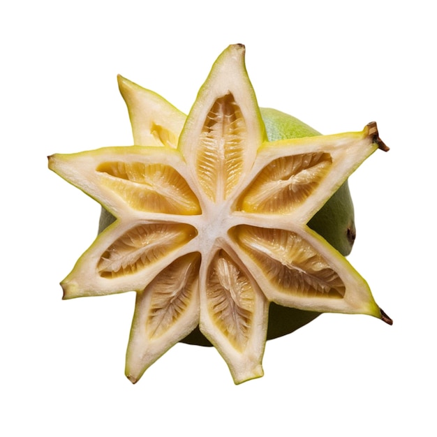 Photo sliced starfruit showing the starshaped crosssection isolated on white background