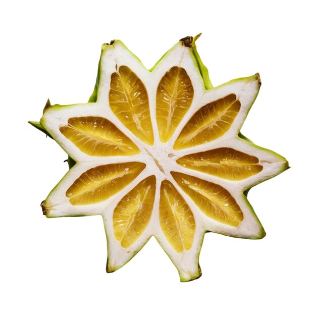 Photo sliced starfruit showing the starshaped crosssection isolated on white background