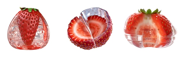 Sliced strawberries frozen in ice on a transparent background Generative AI