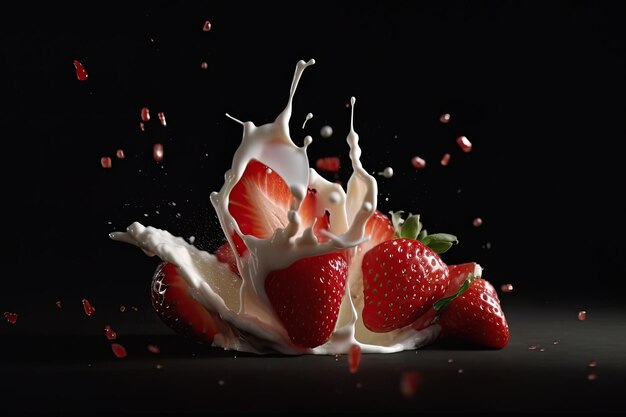 Sliced strawberries with cream a delicious dessert Closeup shot with vivid colors and freshness Ai generative