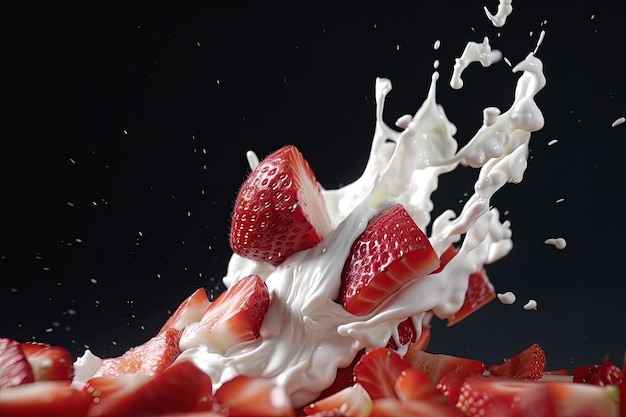 Sliced strawberries with creamy topping Closeup of fresh sliced strawberries served with cream Ai generative