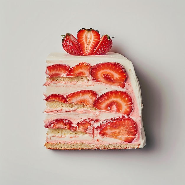 Sliced strawberry cake white tabletop pure white background food photography commercial photog