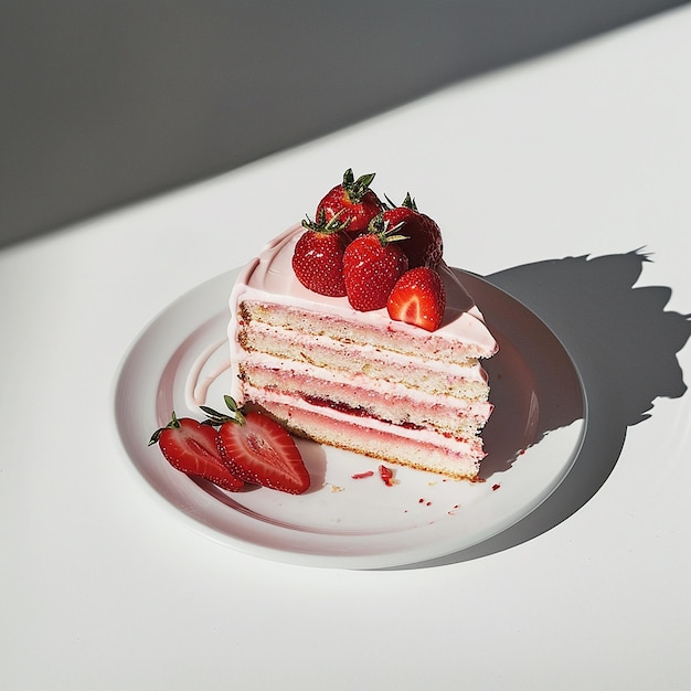 Sliced strawberry cake white tabletop pure white background food photography commercial photog