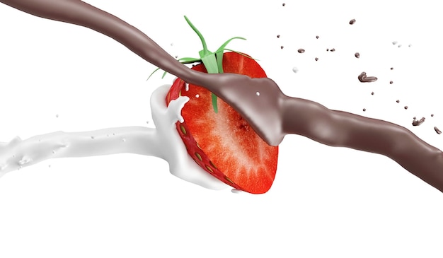 Sliced Strawberry with Chocolate and Milk Spalsh on white background