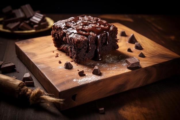 Sliced of tasty chocolate brownie with cream on dark plate