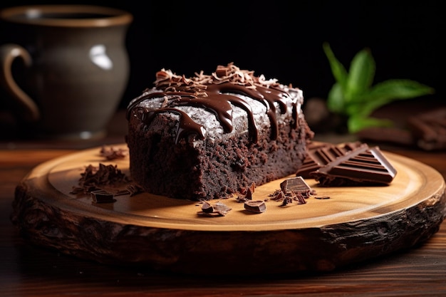 Sliced of tasty chocolate brownie with cream on dark plate