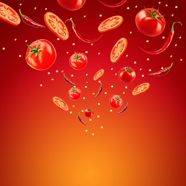 Sliced tomatoes and spicy chilli peppers spicy hot ketchup ads 3D illustration