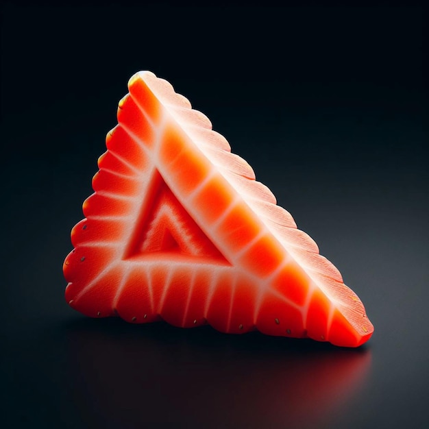 A sliced triangular slice of strawberry laying diagonally on a solid background