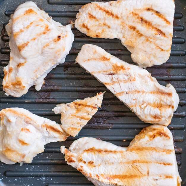 Sliced turkey fillet grilled in a frying pan Fried meat without butter