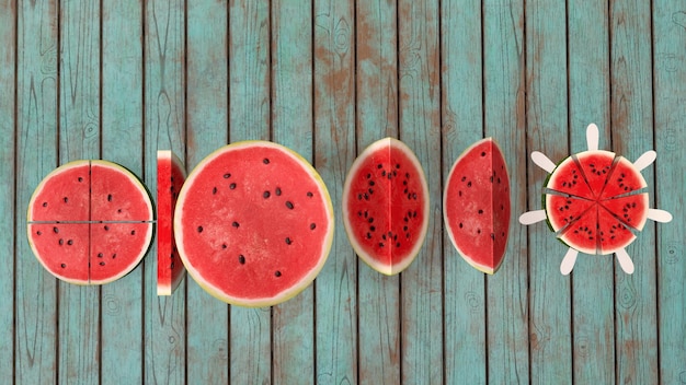 Sliced watermelon on a wooden background 3drendering