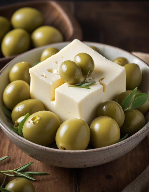 Photo sliced white cheese in a bowl with green olives