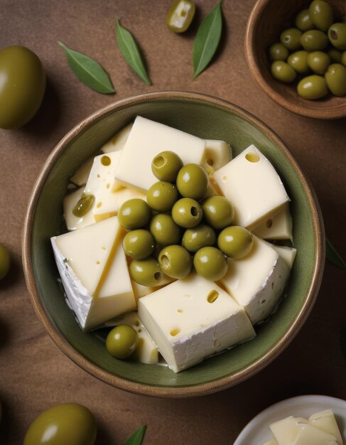 Photo sliced white cheese in a bowl with green olives