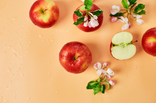 Sliced whole red apple and flowers a flat lay on a pastel orange background