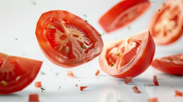 sliced and whole tomato in flight on white background