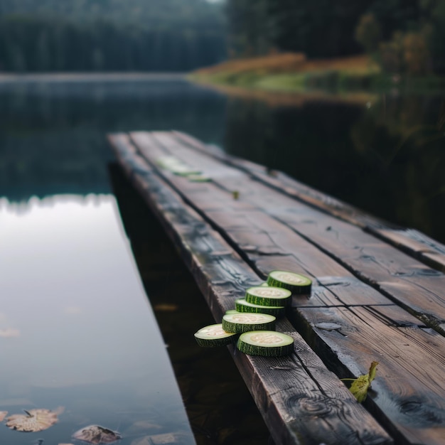 Photo sliced zucchini on wooden dock over calm lake water