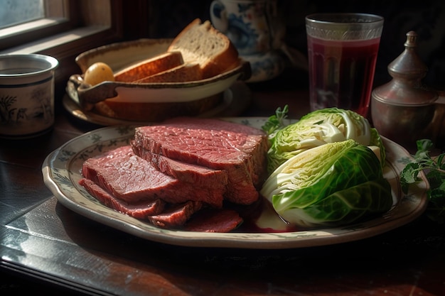 Slices of beef on a plate with cabbage and tomato juice Generative AI