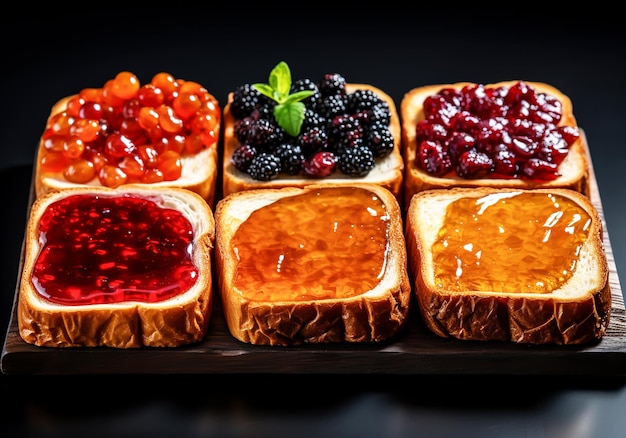 Slices of bread or toast with different type of sweet jam or fruit on dark background AI generated