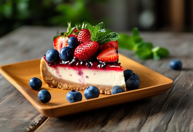 Slices of cheesecake with strawberries blueberries and mint served on a square wooden plate