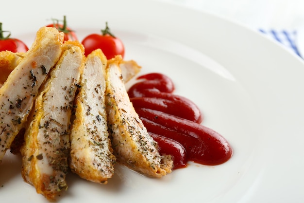 Slices of chicken fillet with sauce and cherry tomato on plate close up