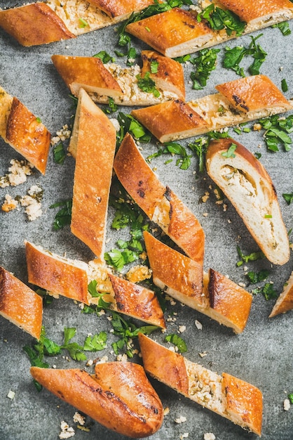 Slices of chopped turkish pizza pide with cheese and spinach