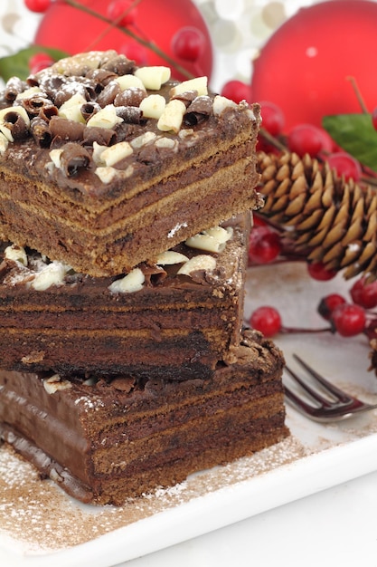 Slices of Christmas chocolate cake