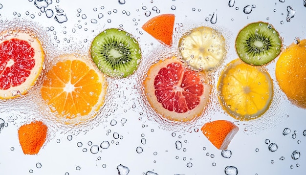 Photo slices of citrus fruits and kiwi floating in water with bubbles