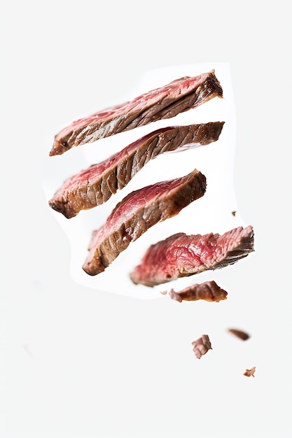 Slices of cooked beef falling through the air with white background