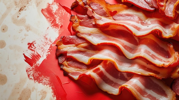 Slices of crispy bacon on a red background focusing on texture and color