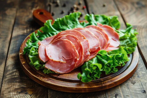 Slices of cured ham arranged on lettuce leaves with cherry tomatoes on wooden board